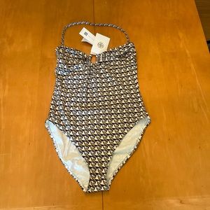 Tory Burch Printed Bandeau One Piece French Cream Ribbon Wave